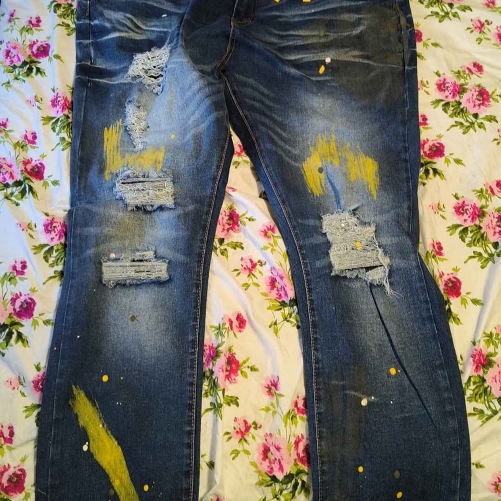 M Society Distressed Blue Paint-Splattered Jeans
